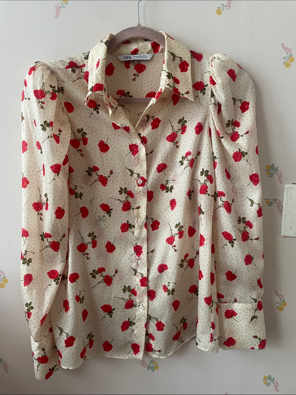 ZARA Cream Blouse with Red Rose Print